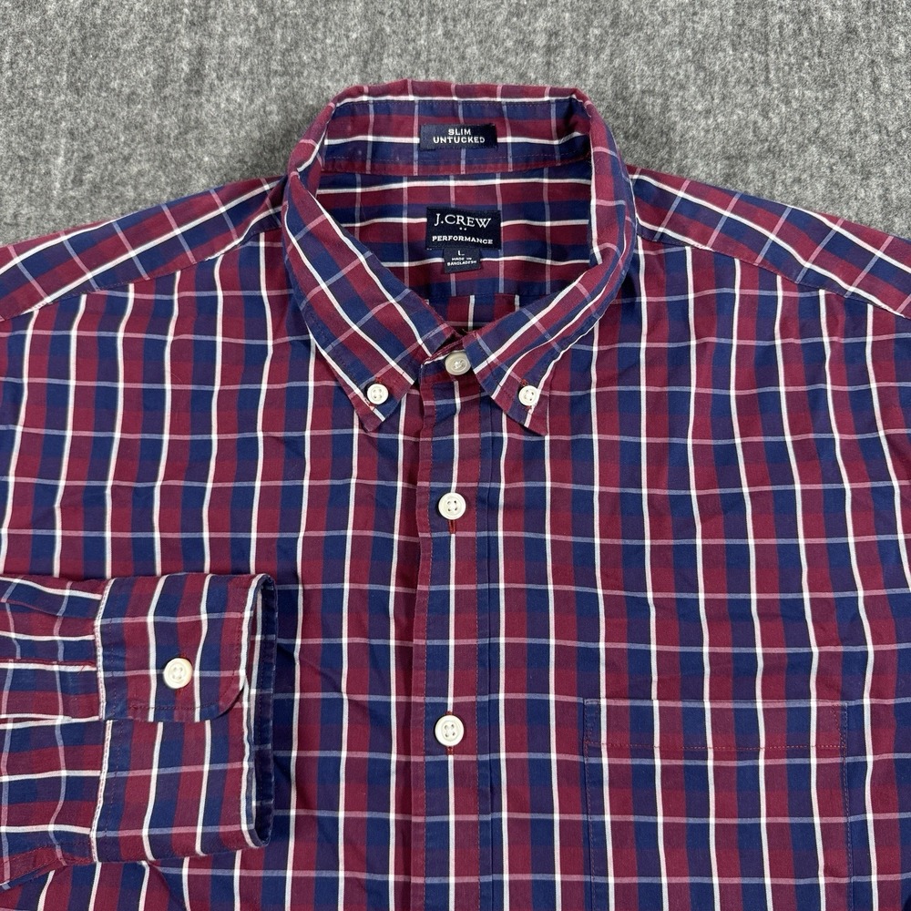 J.Crew Performance Shirt Mens L Slim Untucked Red Blue Plaid Button Down